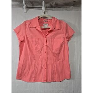 Talbots Blouse Womens L Petite‎ Stretch Pink Button Up Short Sleeve Vintage